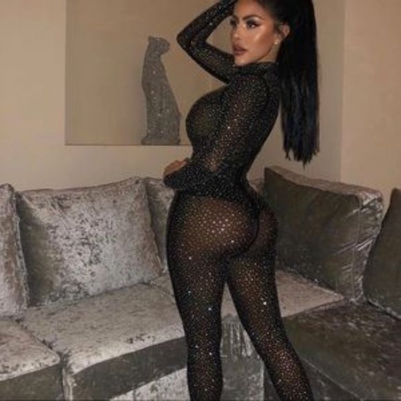 Sheer Black Rhinestone Jumpsuit - Picture 1 of 2